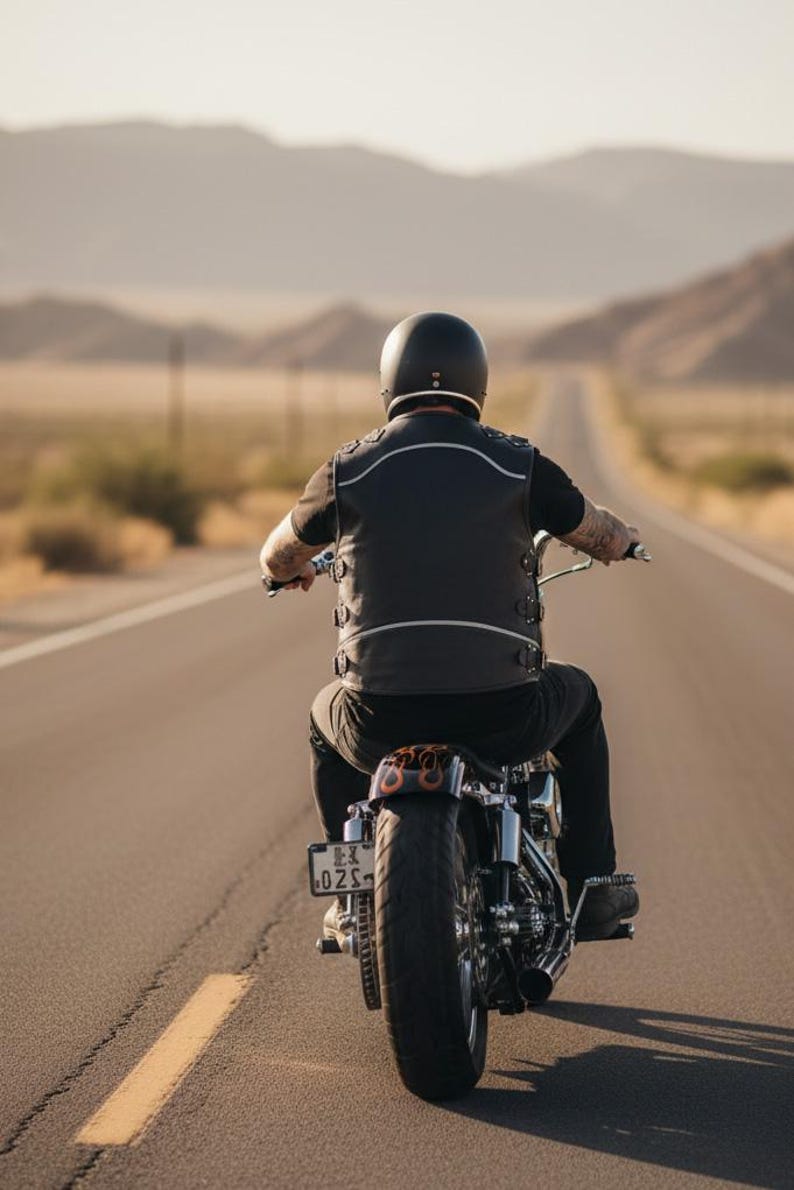Rear view of biker on the open road wearing black leather club vest