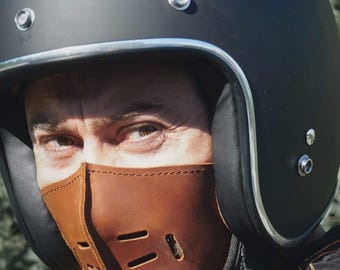Máscara facial de couro para motociclista, estilo café racer, personalizada, presente para motociclistas, feita à mão na Espanha.