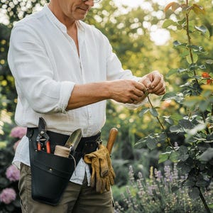 Pode incluir: Um cinto de ferramentas de jardinagem em couro preto com v&aacute;rias ferramentas, incluindo tesouras de poda, uma esp&aacute;tula e barbante. O cinto tamb&eacute;m cont&eacute;m um par de luvas de trabalho. A pessoa est&aacute; cuidando de um roseira em um jardim.