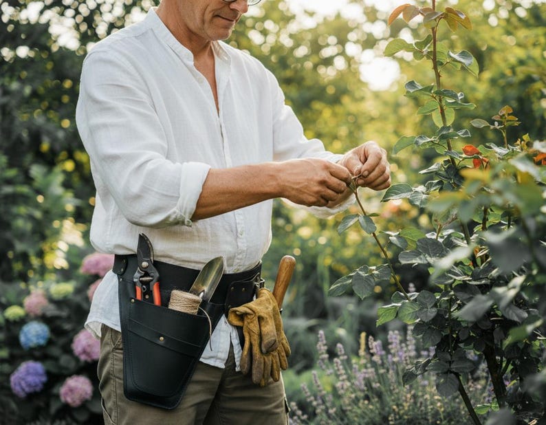 Pode incluir: Um cinto de ferramentas de jardinagem em couro preto com v&aacute;rias ferramentas, incluindo tesouras de poda, uma esp&aacute;tula e barbante. O cinto tamb&eacute;m cont&eacute;m um par de luvas de trabalho. A pessoa est&aacute; cuidando de um roseira em um jardim.