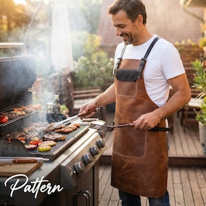 May include: A person grilling food on a barbecue grill while wearing a brown leather apron. The apron has a pocket and black straps. The grill is stainless steel with a black lid. The word "Pattern" is visible in the image.