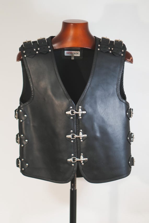 Men's Black Leather Biker Vest, Buckle Motorcycle Club Riding Gear, Handmade Spain