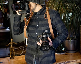 May include: A photographer holding two black DSLR cameras, each with a lens attached. The cameras are secured with a brown leather camera strap. The photographer is wearing a black and gray striped shirt.