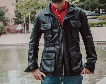 Men's Black Leather Safari Jacket, Handmade Military Style Utility Jacket, Full Grain Leather Field Coat with Pockets, Size M-L