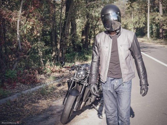 Handmade Black & Grey Cowhide Leather Motorcycle Jacket – Café