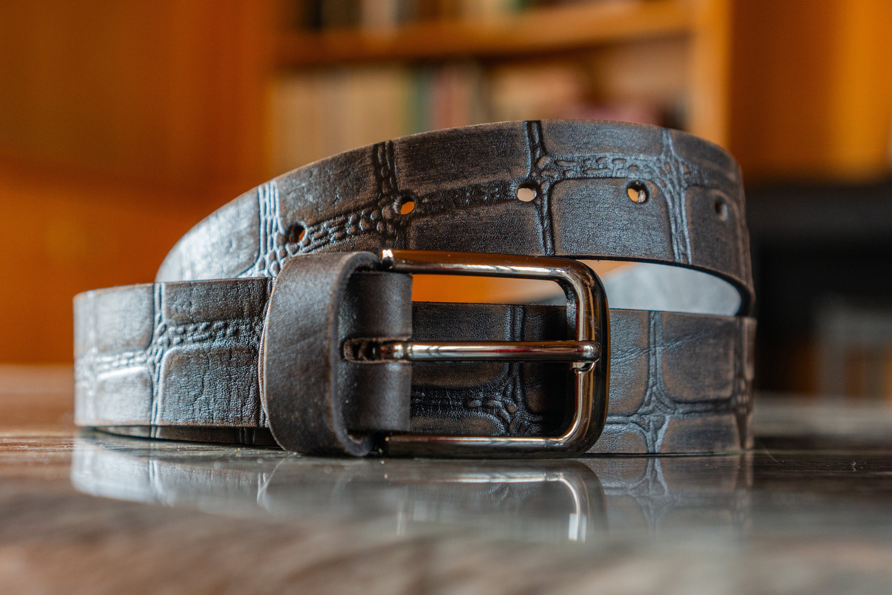 Handmade Crocodile Embossed Full Grain Leather Belt  display picture 3