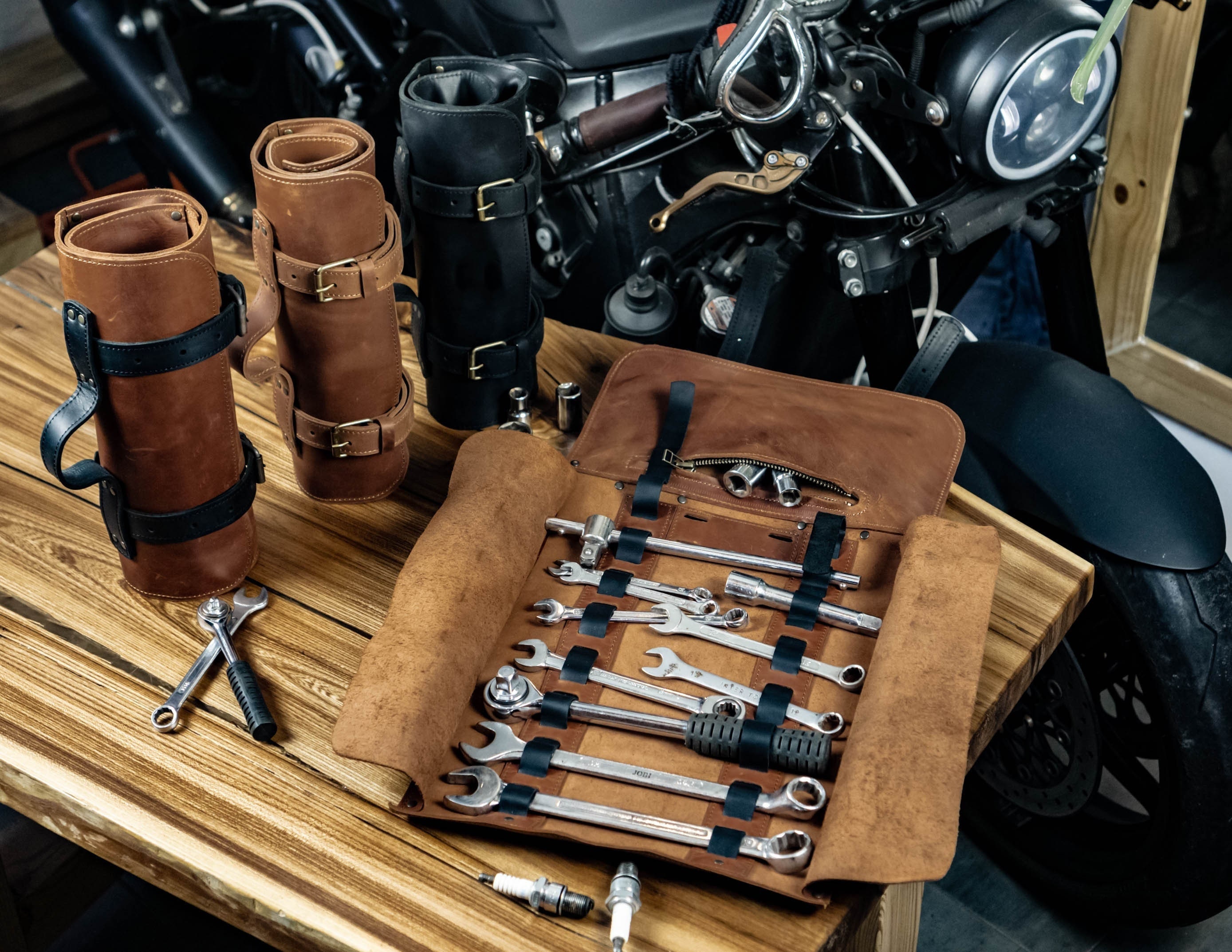 Tasche Etui Tasche Werkzeug- Gabel Schwarzes Leder Flexibel Adler Live Zu Ride