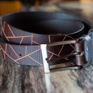 Handcrafted Dark Brown Leather Belt: Geometric Design, Free Engraving