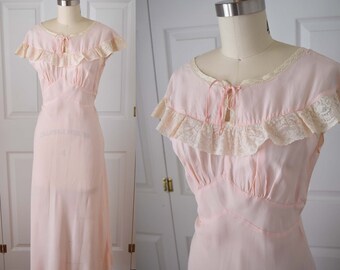 1930s Blush Pink Bias Cut Nightgown-30s Rayon Nightgown-Sleepwear-Lace Trim