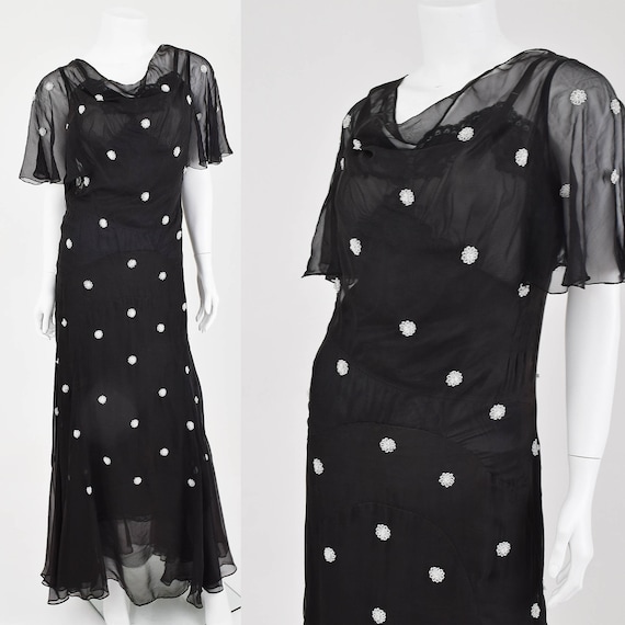 S-30s Beaded Black Chiffon Gown-1930s Sheer Silk … - image 1