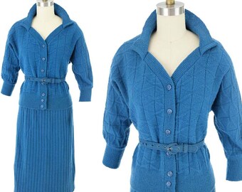 50s Teal Blue Skirt Sweater Set-XL