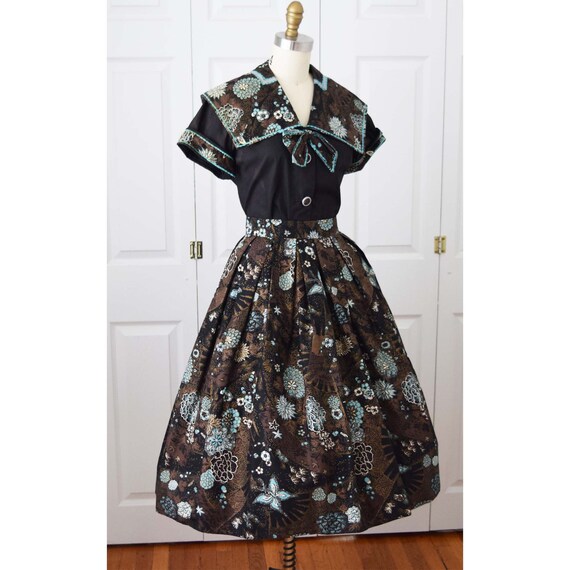 60s Novelty Print Skirt Blouse Set-1960s Metallic
