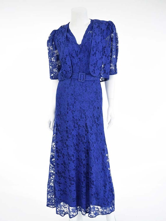 1930s Blue Lace Dress-Bias Cut-30s Art Deco Gown-… - image 2