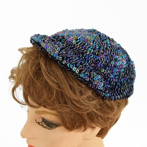 40s 50s Beaded Cocktail Hat Cap-Iridescent Beadin… - image 1