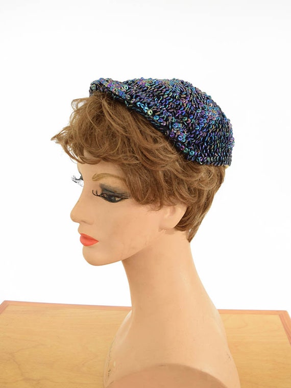 40s 50s Beaded Cocktail Hat Cap-Iridescent Beadin… - image 3