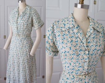 40s 50s Semi Sheer Day Dress-1940s 1950s Floral Shirtdress-Shirt Dress-Belted-Burnout Fabric-Short Sleeved-Spring/Summer Dress