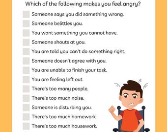May include: A worksheet titled "Identifying Triggers" with a list of potential anger triggers. A cartoon illustration of an angry child in a wheelchair is on the right side of the page. The worksheet is on a yellow background.