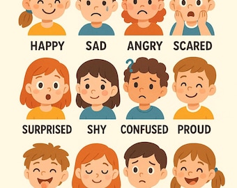 May include: A colorful Feelings Chart with illustrations of children expressing emotions like happy, sad, angry, and scared. The chart includes the words "Feelings Chart" at the top, making it a useful educational tool.
