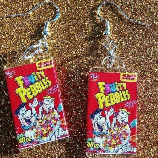 Fruity Pebbles Cereal Lovers Fred Barney Flintstones Funky Food Dangle Earrings w silver 925  hooks