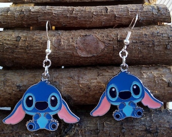 Lilo and Stitch Alien  Cartoon Blue Earrings with pure 925 sterling silver hooks