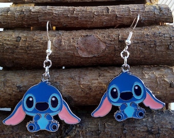 Pendientes azules de dibujos animados de Lilo y Stitch Alien con ganchos de plata de ley pura