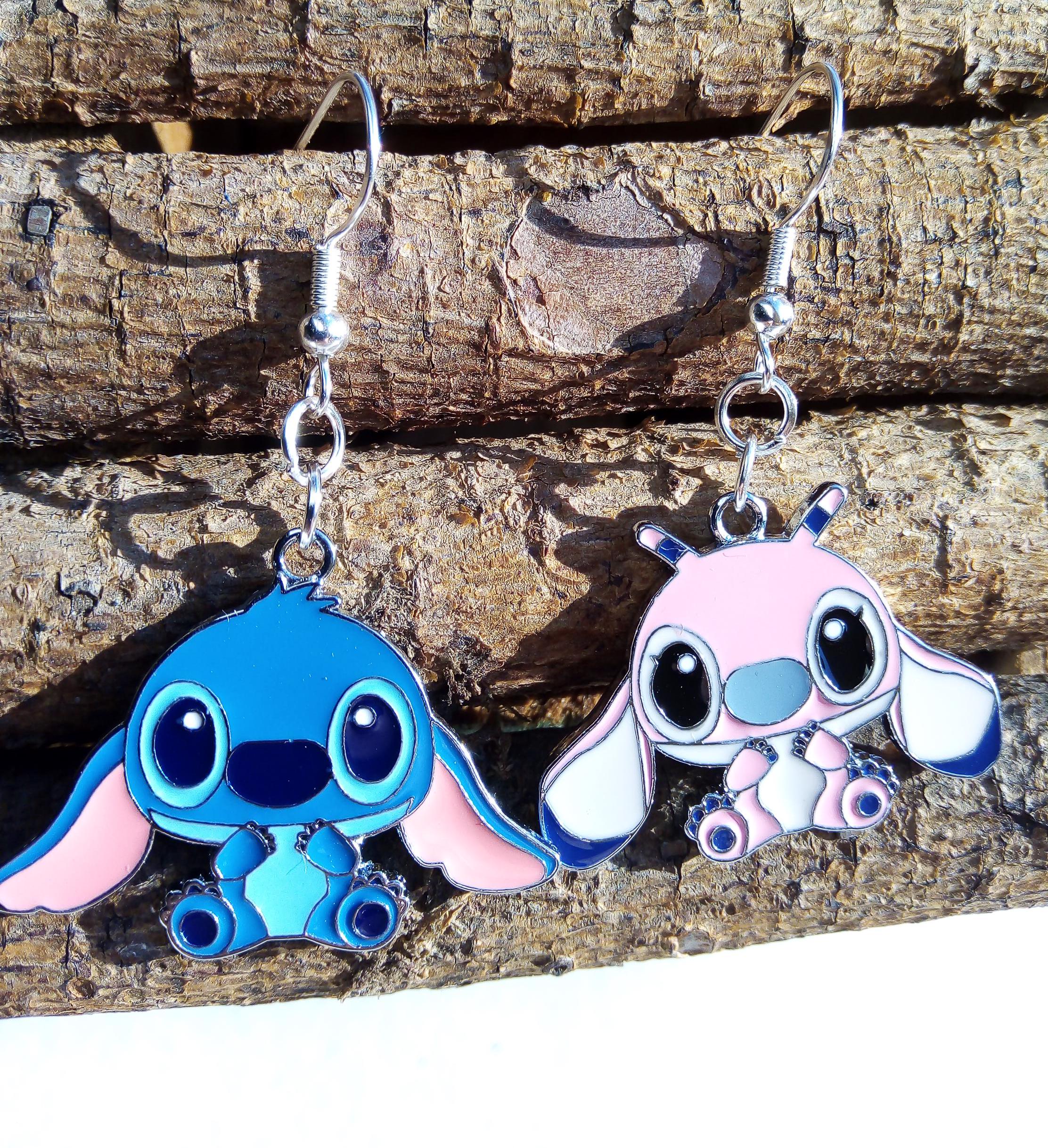 Angel and Blue Stitch Alien Ohana Earrings Sterling Silver Hooks