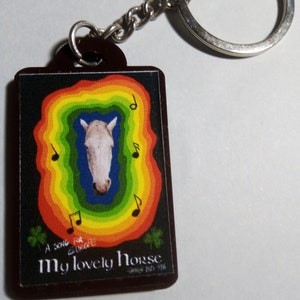 May include: A brown keychain with a white horse head surrounded by a rainbow and musical notes. The text "A song for Europe My lovely Horse" is printed on the keychain.