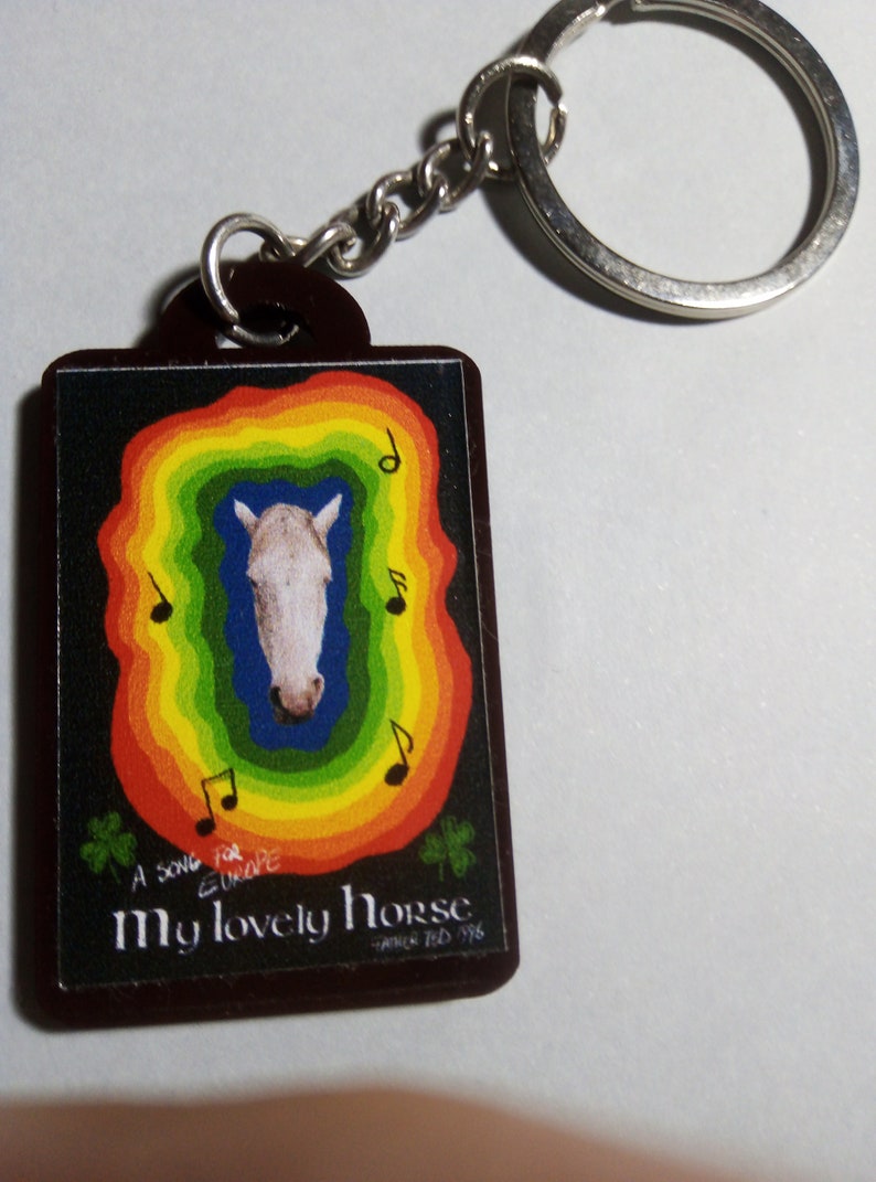 May include: A brown keychain with a white horse head surrounded by a rainbow and musical notes. The text "A song for Europe My lovely Horse" is printed on the keychain.