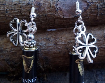 Guinness Beer Can Dangle Earrings: St Patricks Day Shamrock Charm