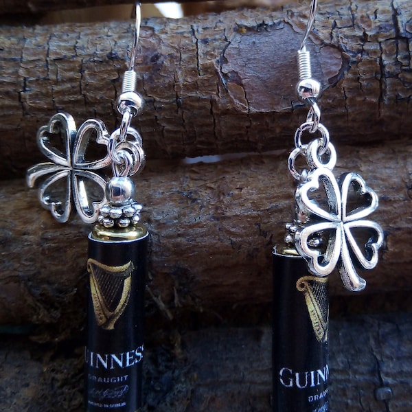 St Patricks Day Guinness Irish Beer w Shamrock Charm Craic Pub Drink Celtic Dangle Earrings w Silver plated hooks