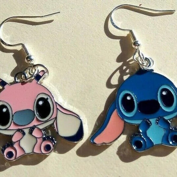 Boucles d'oreilles bleues dépareillées Lilo Stitch et Angel Alien Ohana