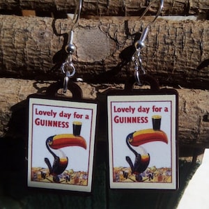 Guinness Beer Vintage Poster Toucan Pub Bar Maid Dangle Earrings w .925 Pure Silver hooks