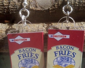 Smiths Bacon Fries Lovers Funky Pub Food Dangle Oorbellen w. Puur sterling zilveren haken