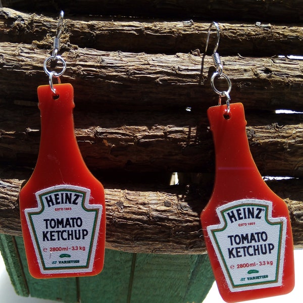 Boucles d'oreilles pendantes Heinz Ketchup Lovers géniaux condiments avec crochets en argent sterling pur