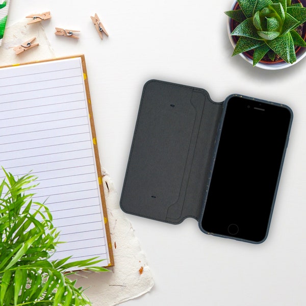 Étui portefeuille pour téléphone portable, biodégradable et recyclable - Noir / Respectueux de l'environnement / Modèles de téléphones iPhone 15, 13, 12 et SE3 SE2 8 7 6 6S / LIVRAISON GRATUITE