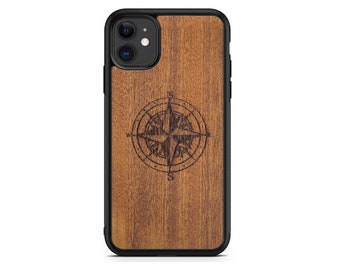 Northboud Compass Wood Phone Case for iPhone 17 16 15 14 13 12 11 X XR SE - Mahogany, Eco-Friendly Gift