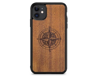 Wood Phone Case - Engraved Compass / All Natural Eco friendly Mahogany Wood / for iPhone, Samsung, Google Pixel, Huawei / FREE Shipping