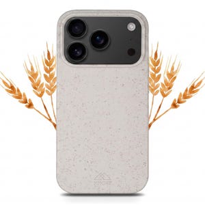 Pode incluir: Uma capa de smartphone bege claro com pintas, acabamento texturizado e um pequeno logótipo triangular na parte inferior. A capa apresenta um grande recorte retangular para a câmara e é ladeada por ilustrações de espigas de trigo douradas.