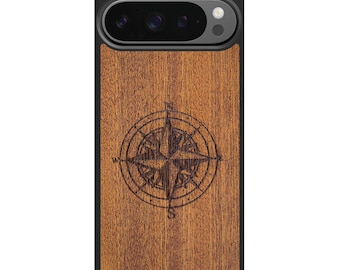 Northbound Compass Wood Phone Case for Google Pixel 10 9 8 7 6 – Mahogany, Eco-Friendly Gift