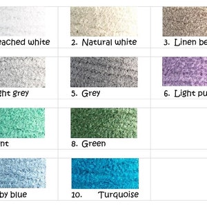 May include: Color chart showing 10 different colors of yarn. The colors are: bleached white, natural white, linen beige, light grey, grey, light purple, mint, green, baby blue, and turquoise.