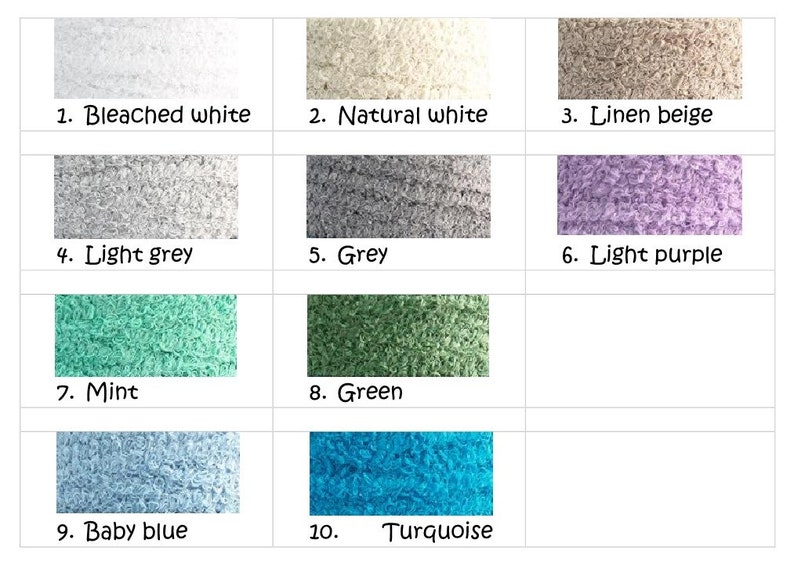 May include: Color chart showing 10 different colors of yarn. The colors are: bleached white, natural white, linen beige, light grey, grey, light purple, mint, green, baby blue, and turquoise.