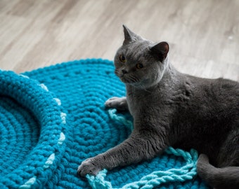 Haak kat mat - dikke wol kat mat - schattige kat bed - Oceaan kleur kat mat - blauw cat mat