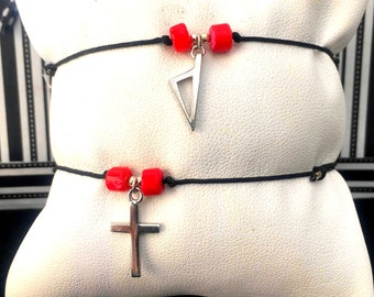 Corsican or Cross and coral bracelet, adjustable black elastic cord