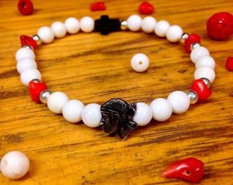 White Onyx & Natural Red Coral Bracelet from the Mediterranean