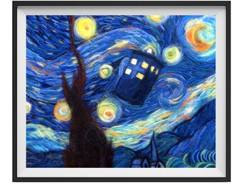 Doctor Who Tardis Poster, Starry Night Van Gogh Wall Art Print