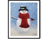 Snowman Decor, Christmas Wall Art Decor, Original Painting With Wool