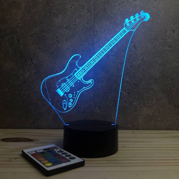 Lampe de chevet personnalisable veilleuse illusion 3D Guitare Basse 16 couleurs & télécommande