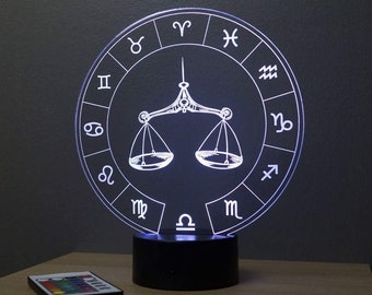 Lampe de chevet personnalisable veilleuse illusion 3D Astrologie Balance 16 couleurs & télécommande