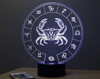 Lampe de chevet personnalisable veilleuse illusion 3D Astrologie Cancer 16 couleurs & télécommande