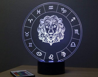 Lampe de chevet personnalisable veilleuse illusion 3D Astrologie Lion 16 couleurs & télécommande